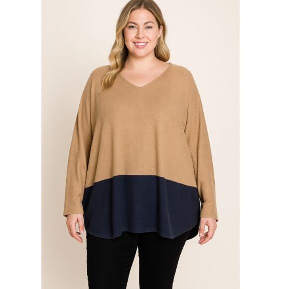 Bucket List Oversized V-Neck Camel/Navy High Low Sweater Lagenlook Top Sz: L - Picture 1 of 9